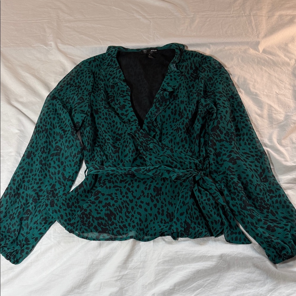 Aqua Teal and Black Animal Print Wrap Blouse Size Small